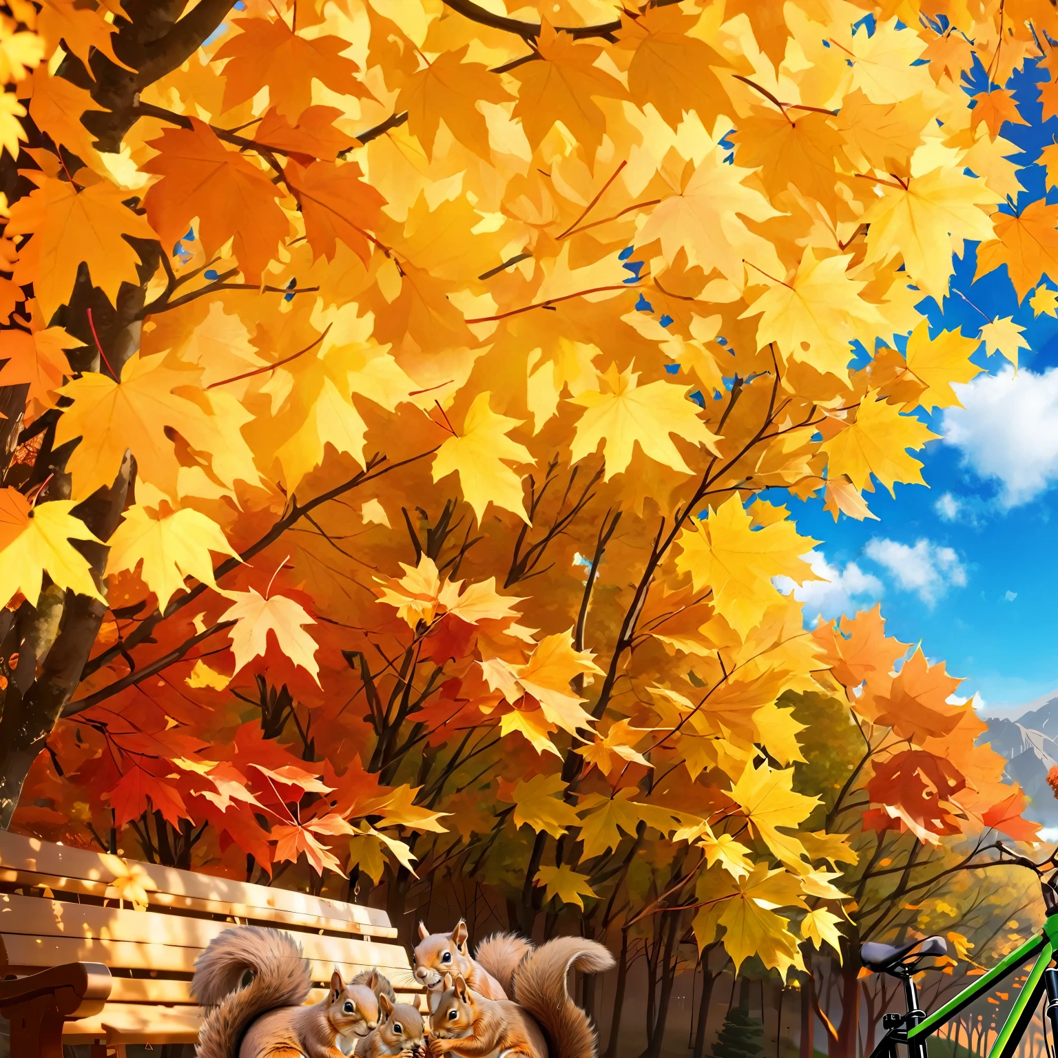 (Highest quality, High resolution), Landscape of autumn leaves.Vibrant colors,Low - Angle,

(Deep autumn sky:1.3),Soft and natural lighting.Autumn leaves background, Vibrant colorsの葉, The golden leaves gently fall, wood々Warm sunlight shining in from between, Peaceful and calm atmosphere, Soft rays of light illuminating the scene, The sound of rustling leaves, Fresh, cool air,  A carpet of fallen leaves on the ground, Quiet and picturesque setting, Natural beauty in full bloom, 