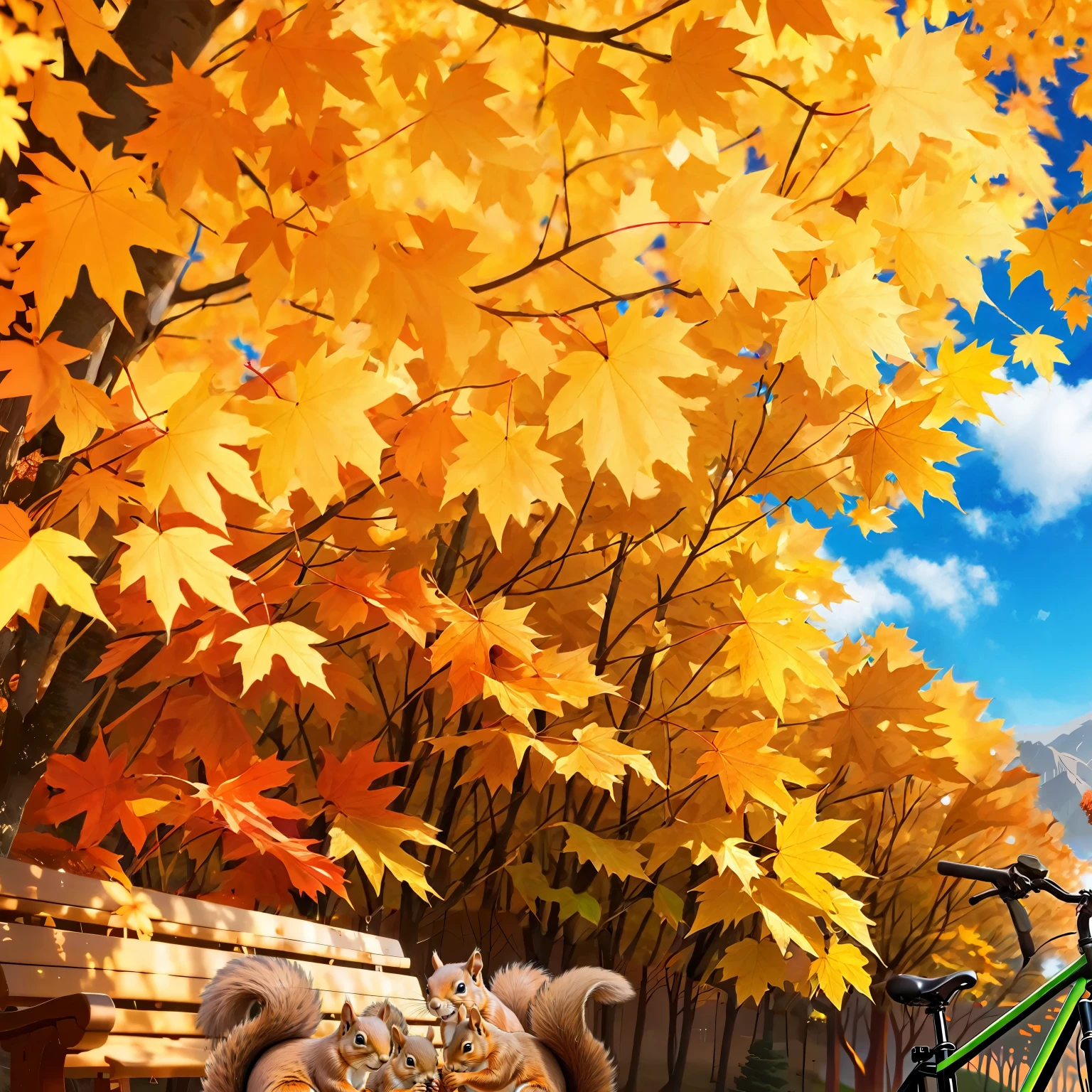 (Highest quality, High resolution), Landscape of autumn leaves.Vibrant colors,Low - Angle,
(Deep autumn sky:1.3),Soft and natural lighting.Autumn leaves background, Vibrant colorsの葉, The golden leaves gently fall, wood々Warm sunlight shining in from between, Peaceful and calm atmosphere, Soft rays of light illuminating the scene, The sound of rustling leaves, Fresh, cool air, A carpet of fallen leaves on the ground, Quiet and picturesque setting, Natural beauty in full bloom,