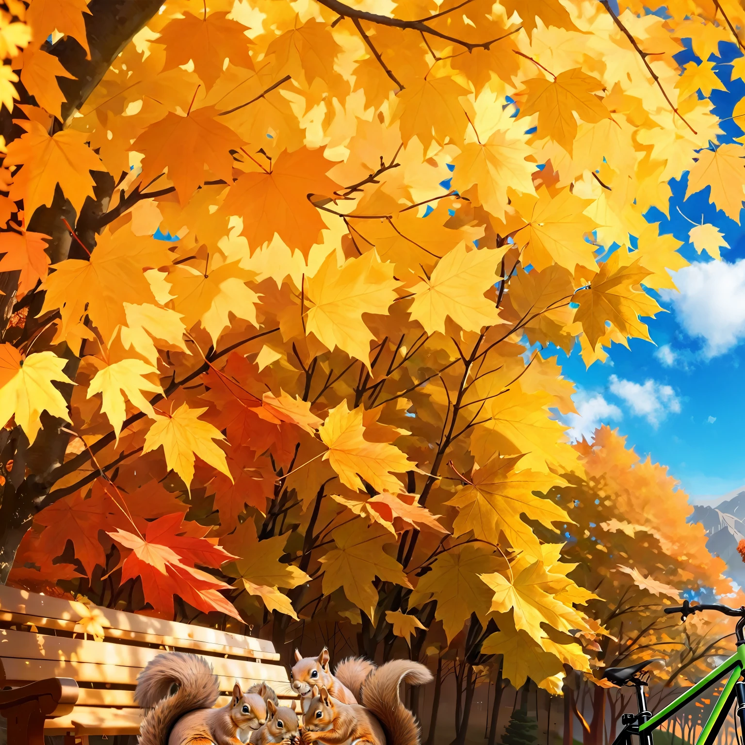 (Highest quality, High resolution), Landscape of autumn leaves.Vibrant colors,Low - Angle,
(Deep autumn sky:1.3),Soft and natural lighting.Autumn leaves background, Vibrant colorsの葉, The golden leaves gently fall, wood々Warm sunlight shining in from between, Peaceful and calm atmosphere, Soft rays of light illuminating the scene, The sound of rustling leaves, Fresh, cool air, A carpet of fallen leaves on the ground, Quiet and picturesque setting, Natural beauty in full bloom,