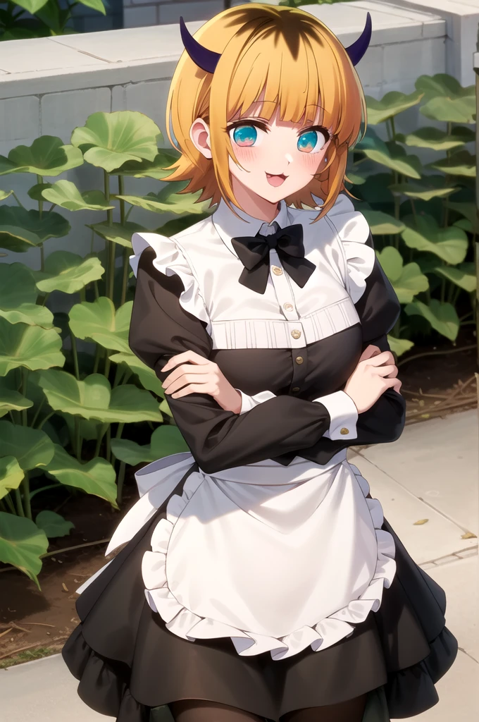 Highest quality, masterpiece, detailed, memcho, Open your mouth, A slight blush, :3, smile, short hair, Blonde, Multicolored Hair, Aqua Eye, Blunt bangs, horn, 
 
	maid costume
.Are standing, Looking at the audience, (Day:1.2), garden, Outdoor
