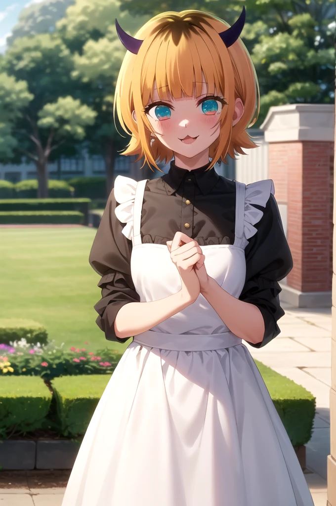 Highest quality, masterpiece, detailed, memcho, Open your mouth, A slight blush, :3, smile, short hair, Blonde, Multicolored Hair, Aqua Eye, Blunt bangs, horn, 
 
	maid costume
.Are standing, Looking at the audience, (Day:1.2), garden, Outdoor
