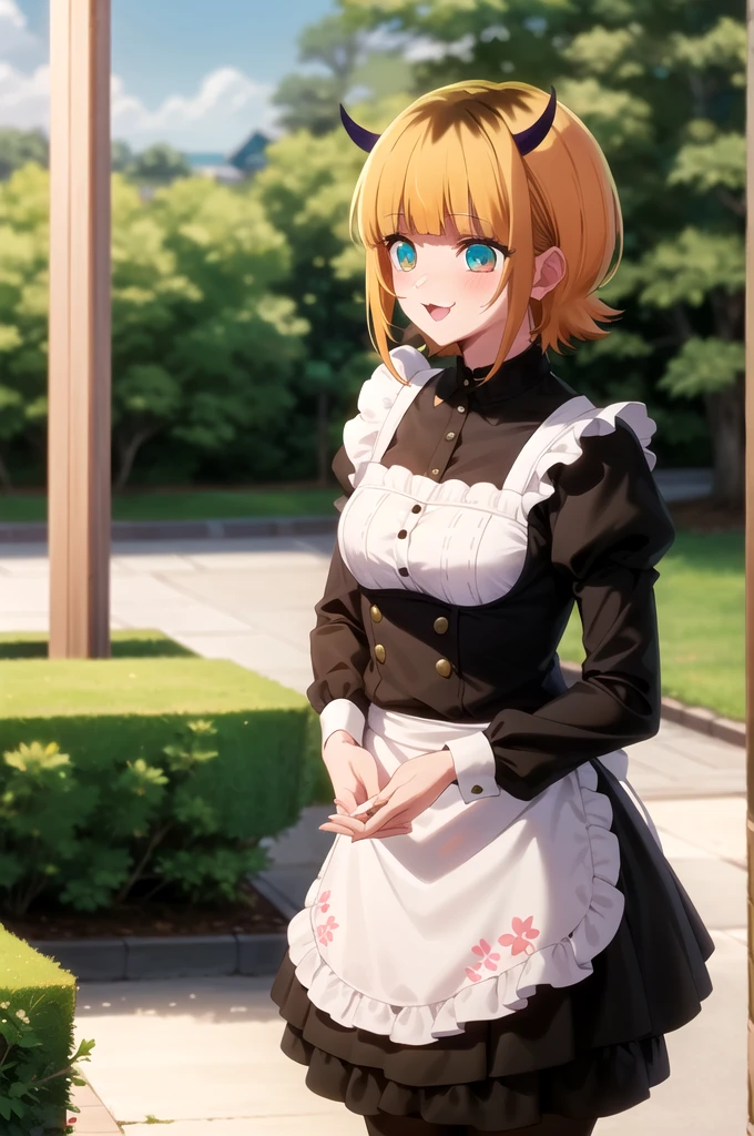 Highest quality, masterpiece, detailed, memcho, Open your mouth, A slight blush, :3, smile, short hair, Blonde, Multicolored Hair, Aqua Eye, Blunt bangs, horn,
maid costume
.Are standing, Looking at the audience, (Day:1.2), garden, Outdoor