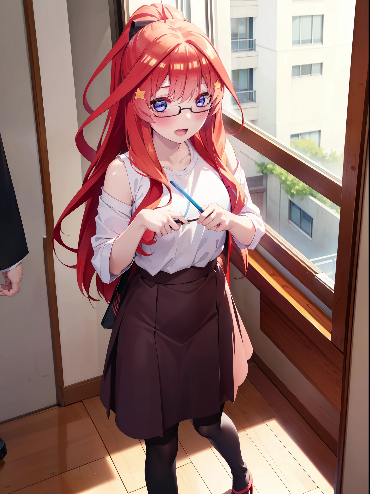 itsukinakano, itsuki nakano, bangs, blue eyes, Hair between the eyes, Ahoge, Redhead, star \(symbol\), hair ornaments, star hair ornaments,smile,blush,Open your mouth,ponytail,Red-rimmed glasses,Cold Shoulder Shirt,Long skirt,Black pantyhose,Stiletto heels,Walking,whole bodyがイラストに入るように,
break indoors, School,廊下
break looking at viewer, whole body,
break (masterpiece:1.2), Highest quality, High resolution, unity 8k wallpaper, (figure:0.8), (Beautiful attention to detail:1.6), Highly detailed face, Perfect lighting, Highly detailed CG, (Perfect hands, Perfect Anatomy),