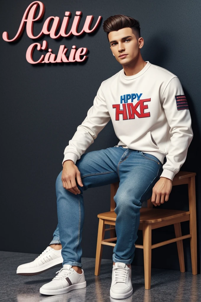 3D illustration of a man
sitting casually on front of a cake. The character must wear casual moder clothing such as jeans jackets and sneakers shoes. The background of the image is a party theme. Write 'Nikol' on the birthday cake. Make sure the text is not misspelled. His age is 23