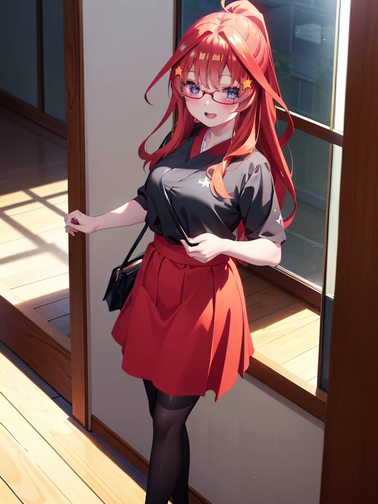 itsukinakano, itsuki nakano, bangs, blue eyes, Hair between the eyes, Ahoge, Redhead, star \(symbol\), hair ornaments, star hair ornaments,smile,blush,Open your mouth,ponytail,Red-rimmed glasses,Cold Shoulder Shirt,Long skirt,Black pantyhose,Stiletto heels,Walking,whole bodyがイラストに入るように,
break indoors, School,廊下
break looking at viewer, whole body,
break (masterpiece:1.2), Highest quality, High resolution, unity 8k wallpaper, (figure:0.8), (Beautiful attention to detail:1.6), Highly detailed face, Perfect lighting, Highly detailed CG, (Perfect hands, Perfect Anatomy),