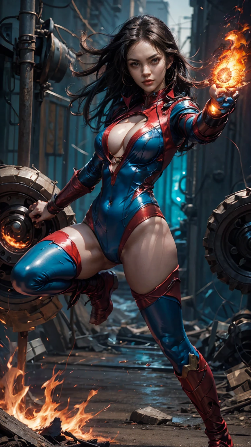 1girl, a superhero, blue-red latex, very sexy and tight half-bodysuit, with fire-bender power, cleavage, revealing, open thighs, epic skin details, epic skin textures, epic skin reflection, in fighting scene, epic battleground, octane rendering, epic details, cinematic lights, magic ricochets, looks angry, in the air, in a distant, full body,
