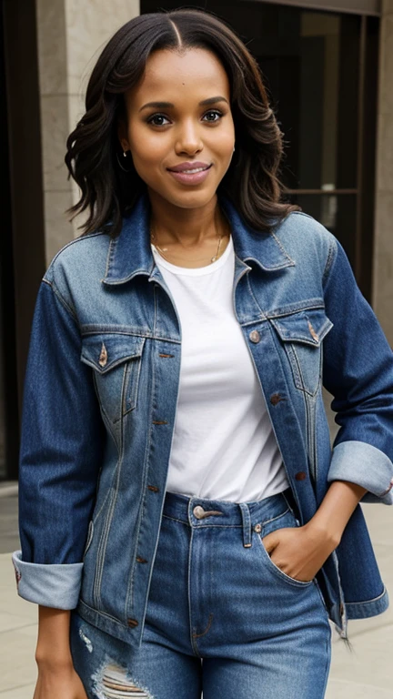 Kerry Washington dressed in torn clothes and smiling