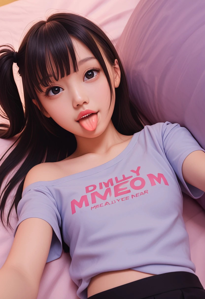 ollarbone,pastel colors t-shirt,off-shoulder look,bare shoulder,midriff peek,Tight mini skirt,open mouth,(tongue out:2),lying,Selfie,looking ahead,from above,front view,upper body,(1girl,Beautiful  girl),((Slender,Small breasts,Small face,)),(looking at viewer),Black Hair,bangs,one side up,Beautiful and detailed,(Dimly lit room:1.5),Simple Background,bed,pillow,best quality,Brilliant Quality
