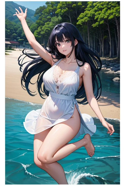 (Highest quality、masterpiece、High resolution、8K)、Vibrant colors、1 Female、Long black hair、Miho no Matsubara、Old Japan、Hagoromo Legend、whole body、barefoot、Beautiful woman in white lace dress jumps high、Official Art、The background is the sea、blue sky、Wide sandy beach、Large pine forest、