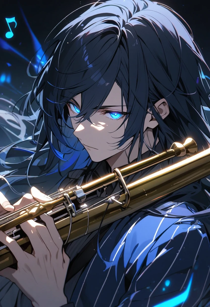 Male, solo, handsome, long hair, navy hair, blue eyes, glowing eyes, musician, music notes, flautist, blue aura