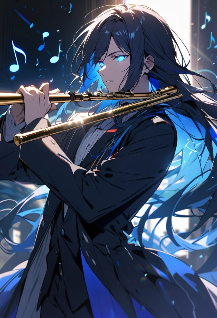 Male, solo, handsome, long hair, navy hair, blue eyes, glowing eyes, musician, music notes, flautist, blue aura