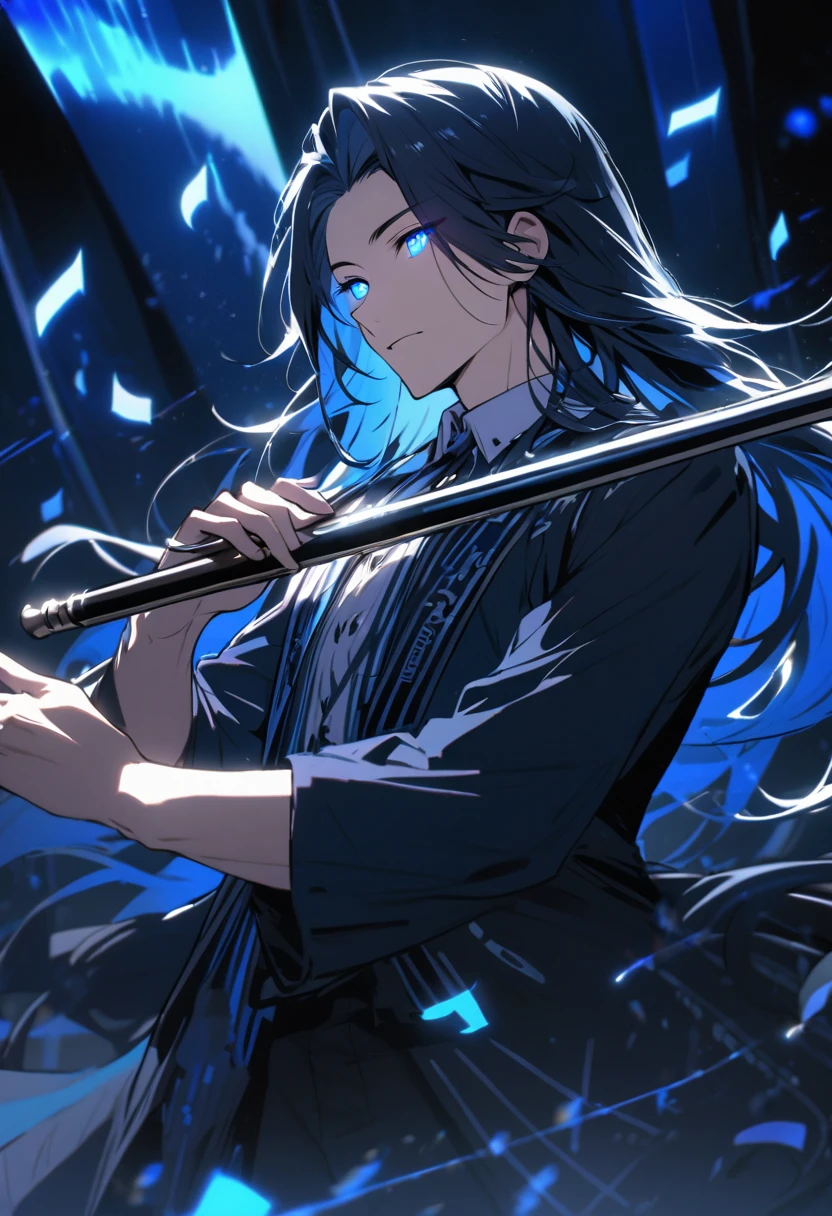 Male, solo, handsome, long hair, navy hair, blue eyes, glowing eyes, musician, music notes, flautist, blue aura