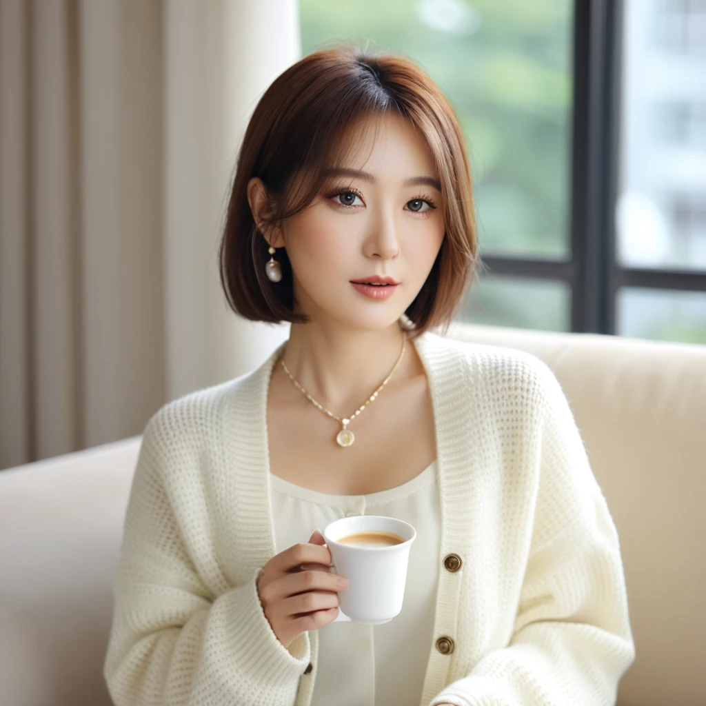 Close up of beautiful Korean woman, 32 inch chest size, Wearing a cardigan with a blouse, short medium hair, necklace, sit on the sofa and drink coffee, porcelain coffee cup, bokeh background, uhd