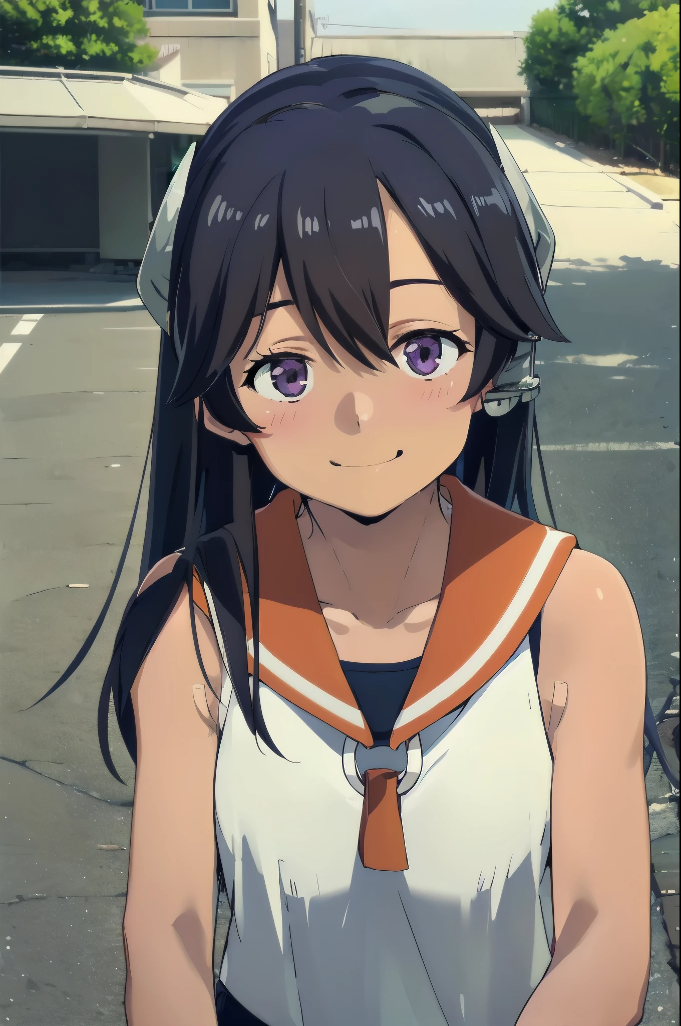 One Girl, alone, Upper Body, In-person audience, View your audience, smile, I400KC, Long Hair, White shirt, Sleeveless,One piece swimsuit, Bare arms, Sleeveless shirt, headgear, School Swimsuit, Sunburn, Sunburnlines, Wear a swimsuit under your clothes, Sailor shirt, Orange sailor collar