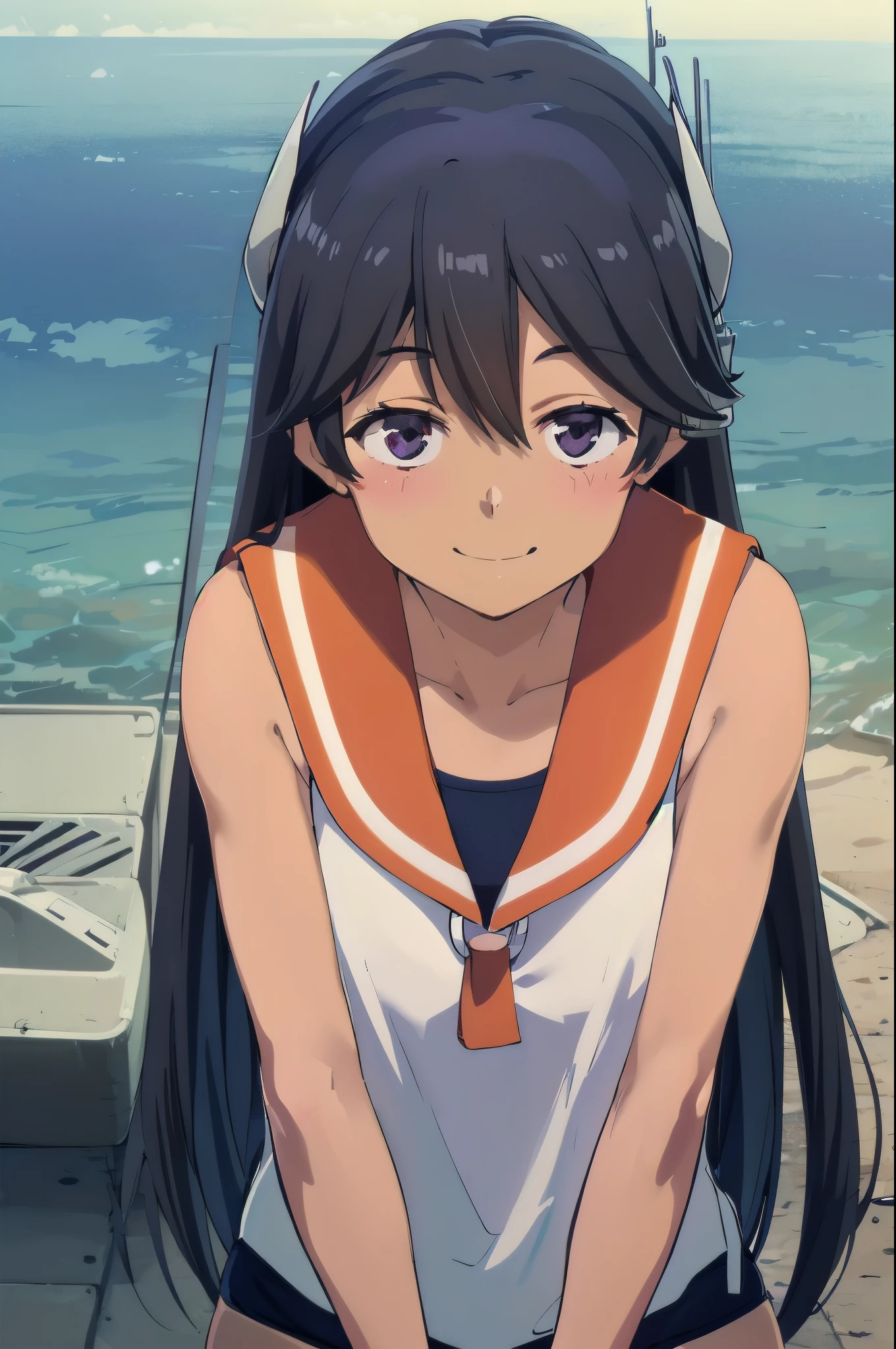 One Girl, alone, Upper Body, In-person audience, View your audience, smile, I400KC, Long Hair, White shirt, Sleeveless,One piece swimsuit, Bare arms, Sleeveless shirt, headgear, School Swimsuit, Sunburn, Sunburnlines, Wear a swimsuit under your clothes, Sailor shirt, Orange sailor collar