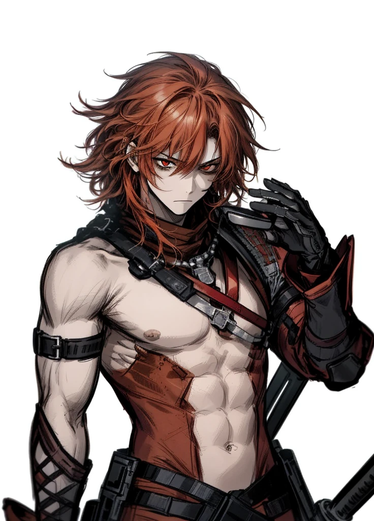 1boy ,red-orange hair, red eyes , mercenary, leather suit, weapon, sfw, beautiful clothes , (masterpiece, best quality) ,serious, struggling monk