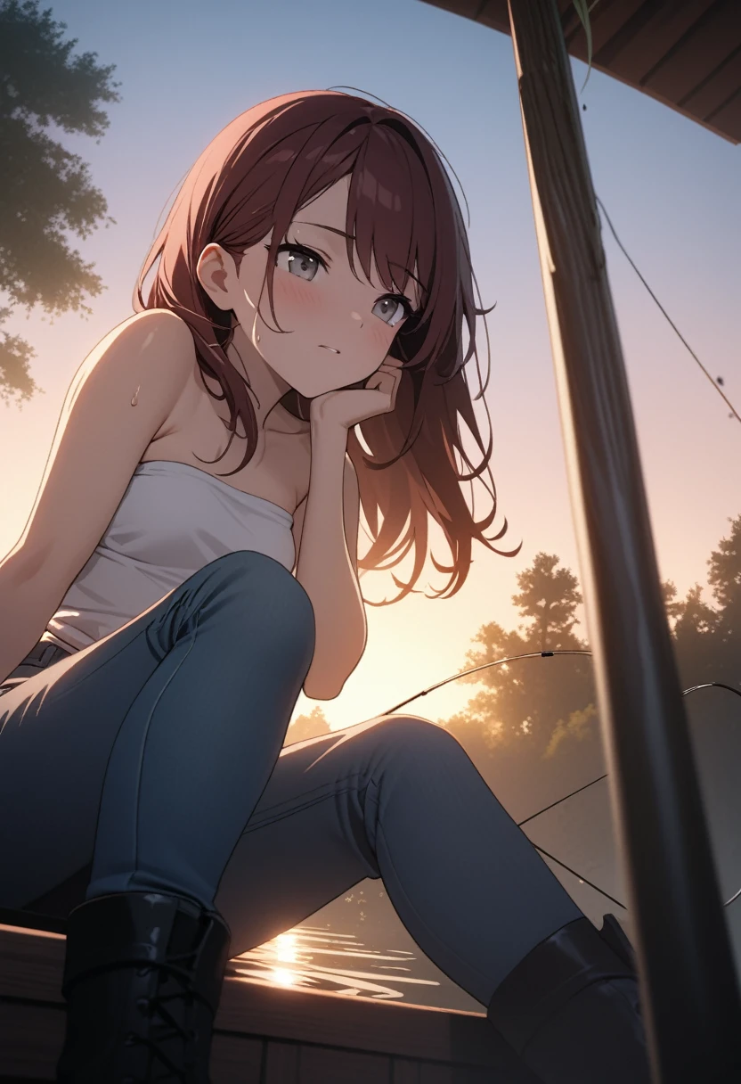 (masterpiece, Top quality), A girl sits in a field of green plants and flowers,  beautiful face, Gray eyes, Dark red hair, swept bangs, low twin tails, white ribbons, strapless gray shirt with white trim, black jeans, small breasts, toned arms, Warm moonlight, Blurred foreground, Change, River bank, 