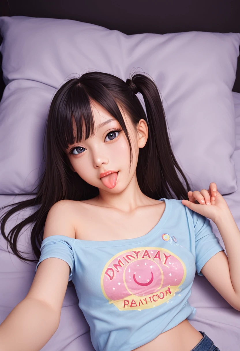 ollarbone,pastel colors t-shirt,off-shoulder look,bare shoulder,midriff peek,micro shorts,open mouth,(tongue out:2),lying,Selfie,looking ahead,from above,front view,upper body,(1girl,Beautiful 14 year old girl),((Slender,Small breasts,Small face,)),(looking at viewer),Black Hair,bangs,one side up,Beautiful and detailed,(Dimly lit room:1.5),Simple Background,bed,pillow,best quality,Brilliant Quality