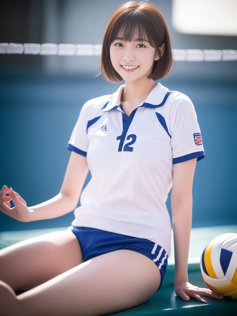 Glossy thighs、(8K、top-quality、masterpiece:1.2)、(realisitic、Photorealsitic:1.37)、ultra-detailliert、top-quality、超A high resolution、professionally lit、Photon mapping、Radio City、physically-based renderingt、Cinematic lighting、depth of fields,Focusing,Sun'rays,Good composition,,(((1 girl of 12 years))),Double eyes、(((white Volleyball uniform 、Dark blue high-leg low-rise bloomers)))、Gymnasium、A big smile、Gymnasium Court, (Tween model, 12 year old girl, young)), Ethereal beautiful, slim, very beautiful short hair,Colossal tits、 Toned abs, short cut hair、Soft light, ((David Hamilton Style)),