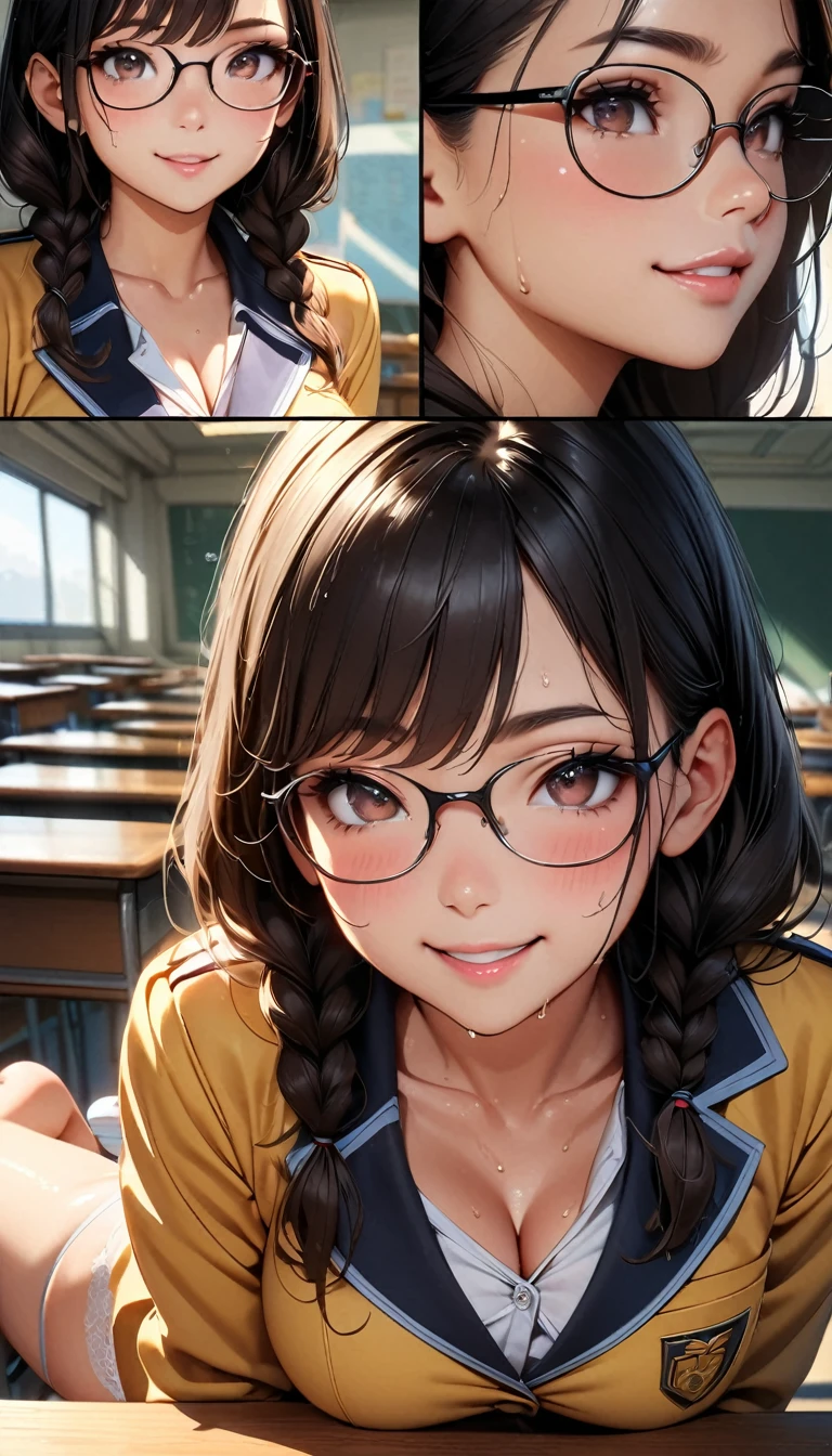  (Highest quality, 8K, 4K, High resolution, masterpiece:1.2), Very detailed, Anime Style:0.9, Realistic, Bright colors, Written boundary depth, Blurred Background,  alone, 1 female, (Black Hair, Long Hair, Braid, Glasses, Dark brown eyes), Beautiful facial details, Beautiful Eyes, Long eyelashes, Soft lips, (Small face), (smile:1.3), Rear View,  ((uniform:1.2,  )), classroom, （Spread your legs wide）, Lace Underwear, Big cleavage, Expressions of ecstasy, Sweat, Blushing, My body is soaked,Wet Panties,Cloudy semen splattered on her chest,