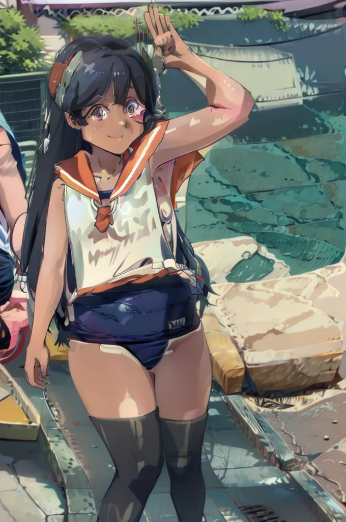 One Girl, alone, Upper Body, In-person audience, View your audience, smile, I400KC, Long Hair, White shirt, Sleeveless,One piece swimsuit, Bare arms, Sleeveless shirt, headgear, School Swimsuit, Sunburn, Sunburnlines, Wear a swimsuit under your clothes, Sailor shirt, Orange sailor collar