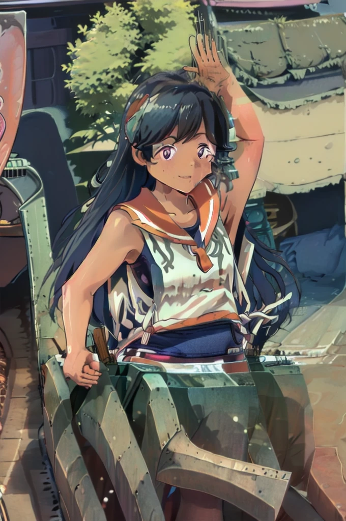 One Girl, alone, Upper Body, In-person audience, View your audience, smile, I400KC, Long Hair, White shirt, Sleeveless,One piece swimsuit, Bare arms, Sleeveless shirt, headgear, School Swimsuit, Sunburn, Sunburnlines, Wear a swimsuit under your clothes, Sailor shirt, Orange sailor collar