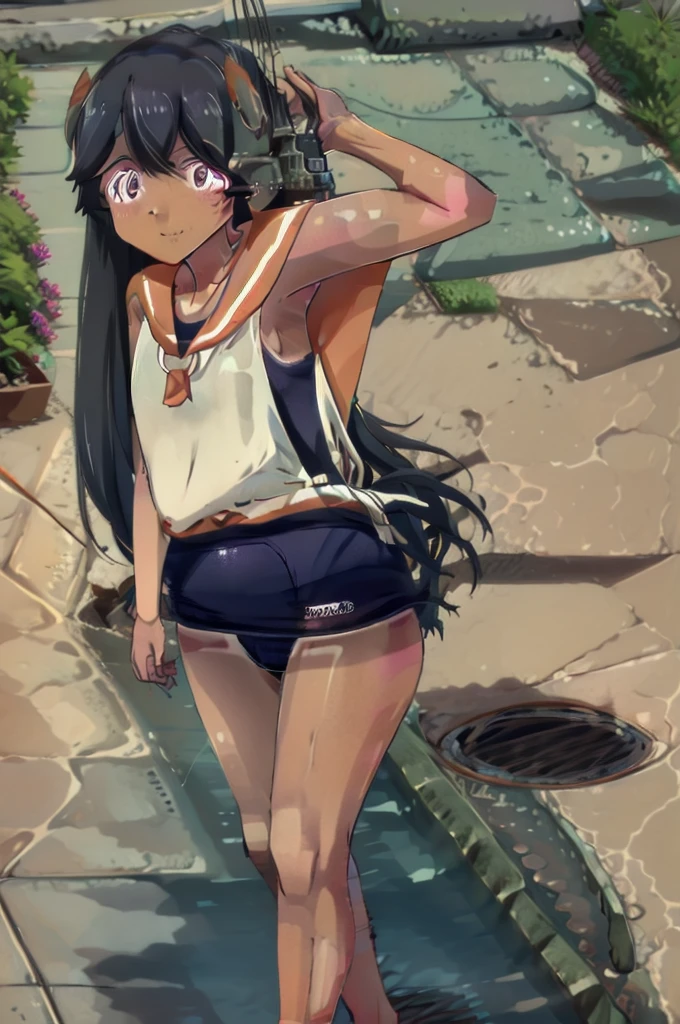 One Girl, alone, Upper Body, In-person audience, View your audience, smile, I400KC, Long Hair, White shirt, Sleeveless,One piece swimsuit, Bare arms, Sleeveless shirt, headgear, School Swimsuit, Sunburn, Sunburnlines, Wear a swimsuit under your clothes, Sailor shirt, Orange sailor collar