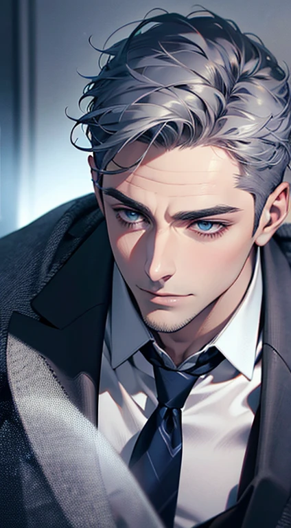 (best quality,4k,8k,highres,masterpiece:1.2),ultra-detailed,(realistic,photorealistic,photo-realistic:1.37),1 man,31 years old,mature man,very handsome,without expression,smile,short grey blue hair,blue eyes,penetrating gaze,perfect face without errors,imposing posture,businessman,office background,cinematic lighting,hdr image
