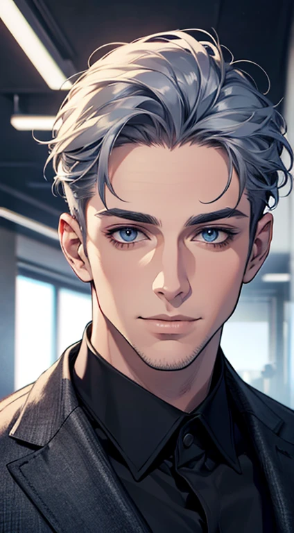 (best quality,4k,8k,highres,masterpiece:1.2),ultra-detailed,(realistic,photorealistic,photo-realistic:1.37),1 man,31 years old,mature man,very handsome,without expression,smile,short grey blue hair,blue eyes,penetrating gaze,perfect face without errors,imposing posture,businessman,office background,cinematic lighting,hdr image