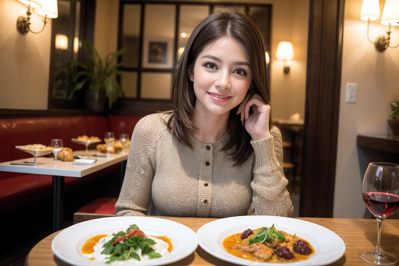 ((Highest quality、8K、masterpiece:1.3))、slimカップル、modelカップル、(Realistic, Intricate details:1.2), full-course dinner、Wine Party、Amazing view of the sunset sky and clouds、A bright smile、The wonderfulness of smile、Bright image、The beauty of wine, Beautiful Face, blue eyes, The light shines on your face, Blushing, short hair,Bright Face、 (Age 37), 39 years old, red wine 、Appetizers、Italian food、Wine bottle、Champagne、sparkling wine、Two beauties、Brown Hair、Shortcuts、Long sleeve shirt、dress、Beautiful woman 1, (slimな顔), (The body is slim), (Brown Hair), (Shortcuts), cheeks turn a little red,Attractive beauty、restaurant, In a prominent place (From the waist up) Nova Frog Style, actress, model, Upper Body, White wine, slim, wine glass, 中央に置かれたwine glass, smile, (smile: 1.15), Beautiful fine grain, Depth f/2,saturation, High Contrast, Strong light and shadow,Moist Body:1.5、3D texture、Delicate eyes、Brown Hair、The hair is very shiny、