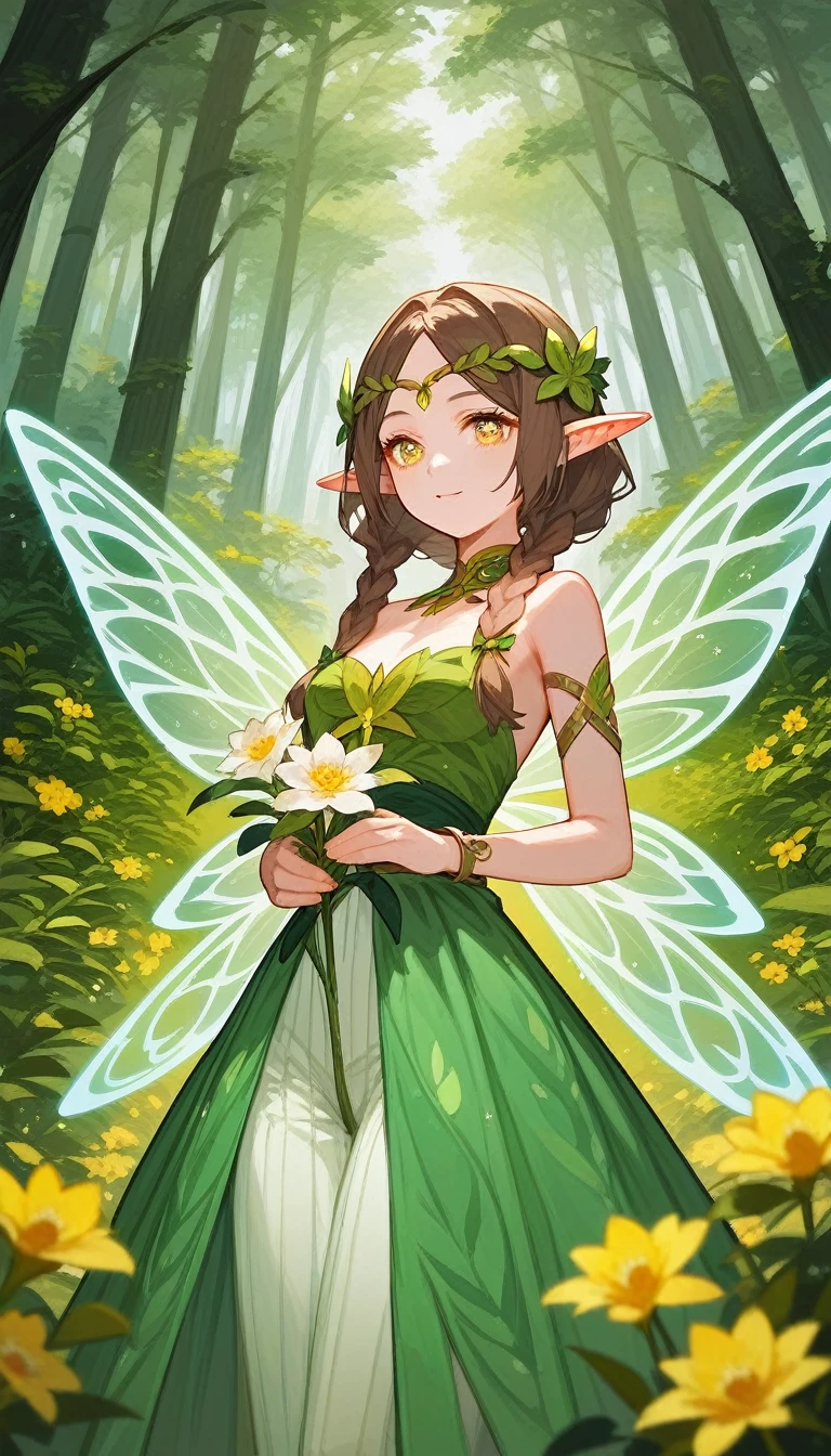 (Fraction_9,Fraction_8_Direction_7_up),(1 woman),Elf,Yellow eyes,Brown hair,Braids,Elf transparent wings,Knickers,Green skirt,Pointed ears,Cartoon characters in green dress and white dress holding a flower in their hands, Elf Queen of the Summer Forest, Spring Goddess, Goddess of Nature, Elf girl in floral suit, The non-dual god of spring, pretty anime character design, humanoid flora, Maple Story Character Art, powder, Anime Goddess, Best Animated Character Design, Official Character Art,No background