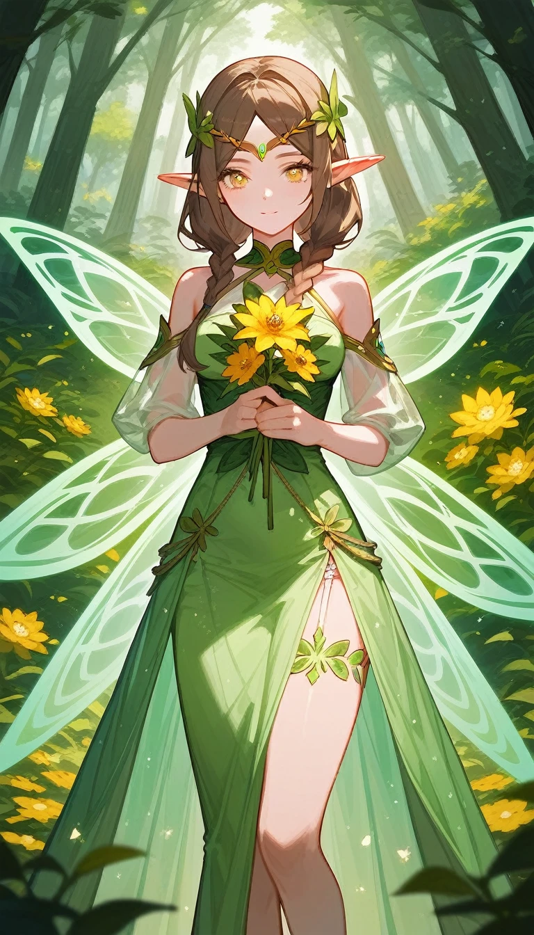 (Fraction_9,Fraction_8_Direction_7_up),(1 woman),Elf,Yellow eyes,Brown hair,Braids,Elf transparent wings,Knickers,Green skirt,Pointed ears,Cartoon characters in green dress and white dress holding a flower in their hands, Elf Queen of the Summer Forest, Spring Goddess, Goddess of Nature, Elf girl in floral suit, The non-dual god of spring, pretty anime character design, humanoid flora, Maple Story Character Art, powder, Anime Goddess, Best Animated Character Design, Official Character Art,No background