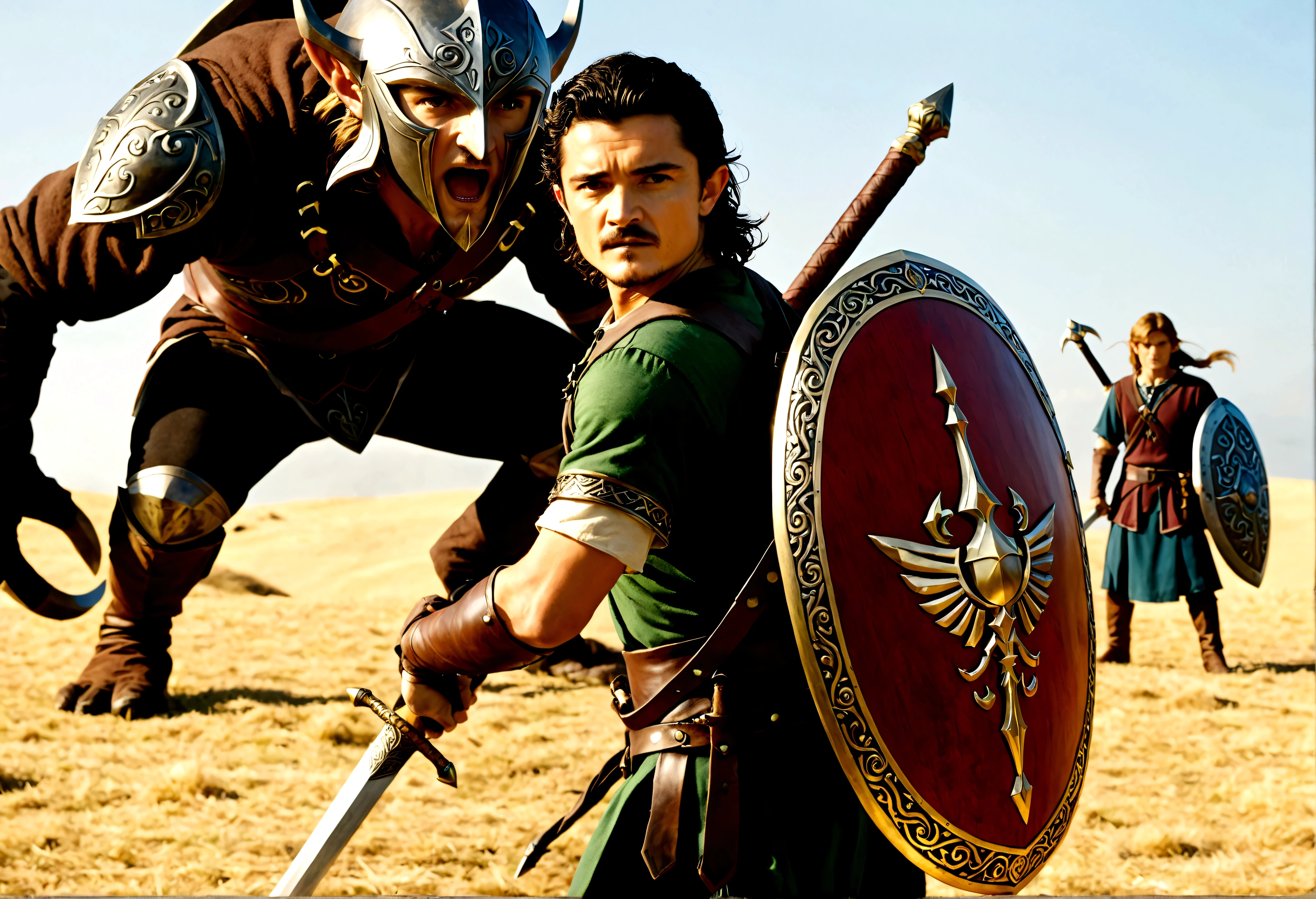 Orlando Bloom (2008, Link Costume, wooden sword, shield on back) heroic pose, monster in distance