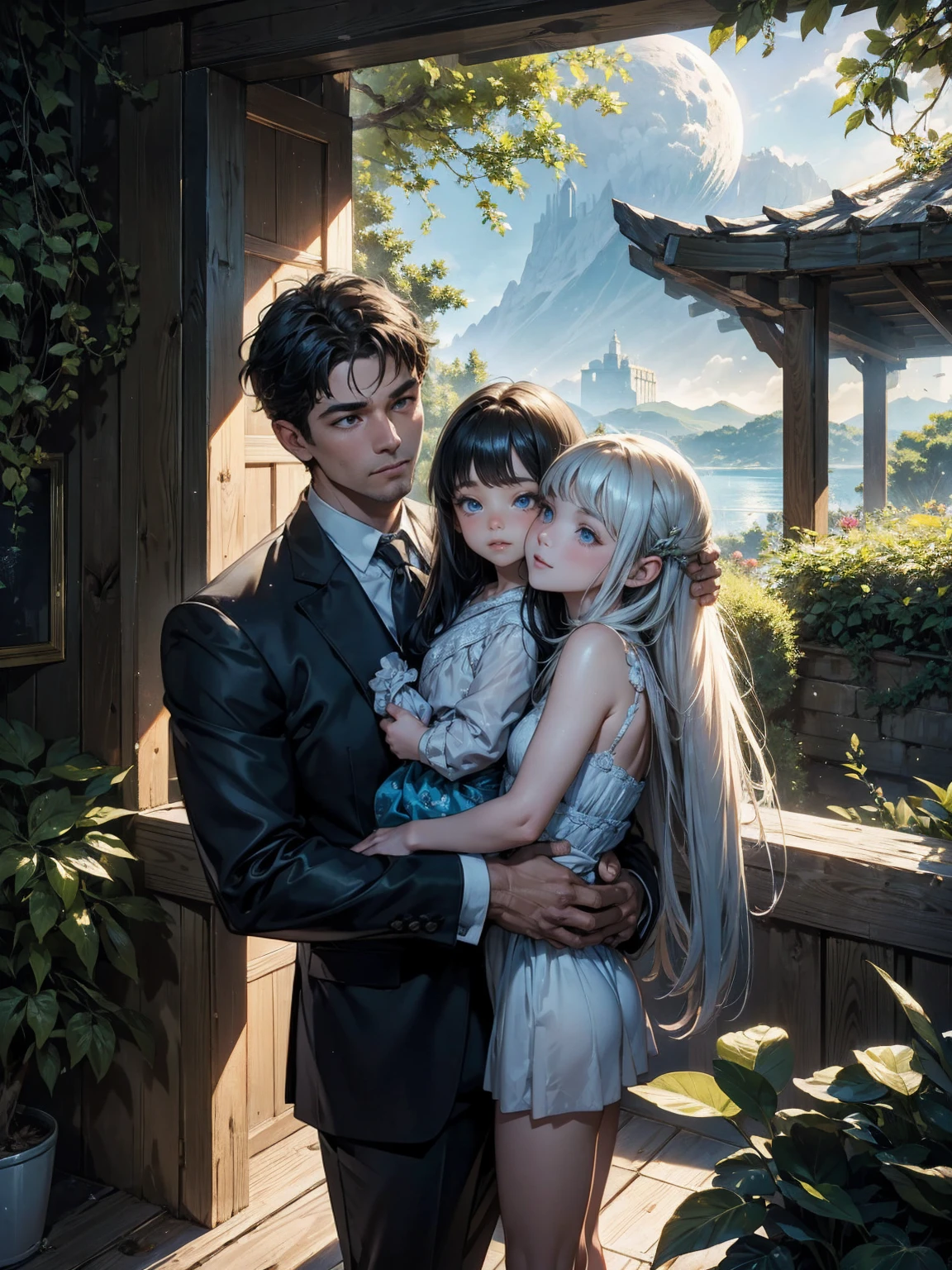 (original) , (Highly detailed wallpaper) , (Highest quality) , (masterpiece) , Photographic reality, Realistic, Highly detailed illustration , Beautiful Eyes, (Delicate face) , Perfect detail, (Best lighting) , (Very intricate details) , Super detailed, , Kogal,((Selfie)), ((Black Suit 1.5)), , 4K Integration, (Super fine CG: 1.2) , (8K: 1.2) , Realistic, Octane Rendering Mountain with the moon in the sky々and lakes, Highly detailed digital art in 4K, Highly Detailed 4K HD Wallpapers, Impressive and fantastic landscape, Sci-Fi Fantasy Desktop Wallpaper, Unreal Engine 4K Wallpaper, 4K Detailed Digital Art, Sci-Fi Fantasy Wallpapers, Epic dreamy fantasy landscape, 4K HD Matte Digital Painting, Amazing artwork in 8K "Under the clear blue summer sky, in the garden of a modern house in Pula, Croatia, a young father is warmly and tightly holding up his young twin children, a boy and a girl. The father, once Constantine I, displays an expression of love and forgiveness, showing no signs of fatigue from work. The twins, once Crispus and Fausta, have innocent and radiant smiles, enveloped in a sense of security in their father's arms. In the background, the sparkling sea and the stylish modern house bathed in summer sunlight extend. Light and shadow intertwine perfectly, with the whole scene exuding a glow symbolizing purification and relationship restoration."。Also friendly and pleasant relationship、divine atmosphere、A paradise of greenery and flowers、heaven、Blessings and Blessings、Beautiful fece、brilliance、ultra-quality、Ultra-high resolution、ultra-definition、Super beautiful、masterpiece