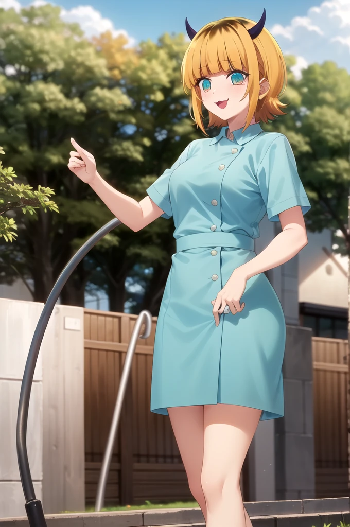 Highest quality, masterpiece, detailed, memcho, Open your mouth, A slight blush, :3, smile, short hair, Blonde, Multicolored Hair, Aqua Eye, Blunt bangs, horn,
nurse outfit
.Are standing, Looking at the audience, (Day:1.2), garden, Outdoor