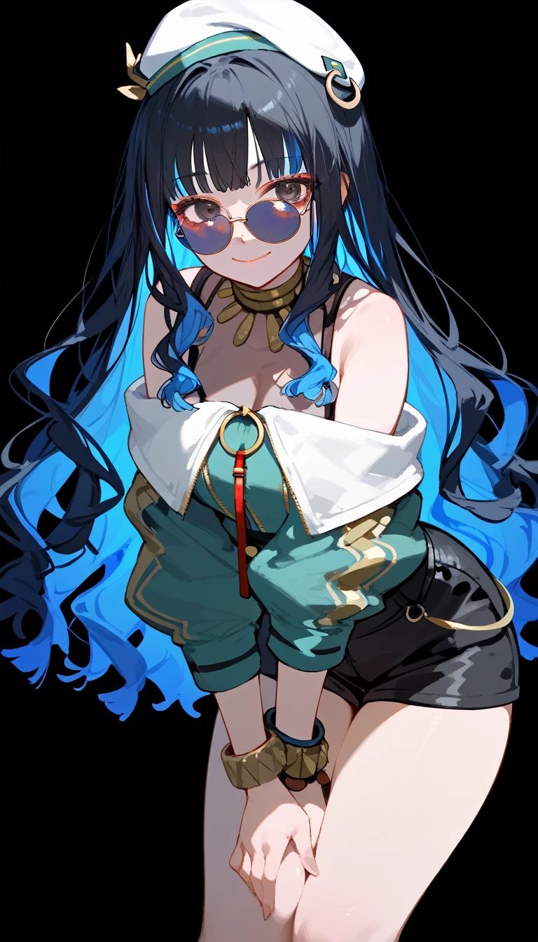 (score_9, score_8_up, score_7_up), 1girl, solo, long hair, black hair, colored inner hair, blue hair, wavy hair, eyeliner, makeup, jewelry, beret, o-ring, neck ring, black shorts, buttons, round sunglasses, bracelet, bare shoulders, green jacket, white jacket, off shoulder, zipper, from below, leaning forward, hand between thighs, thighs focus, thighs close-up, smile, closed mouth, cropped face, lower body, black background, simple background, masterpiece, 