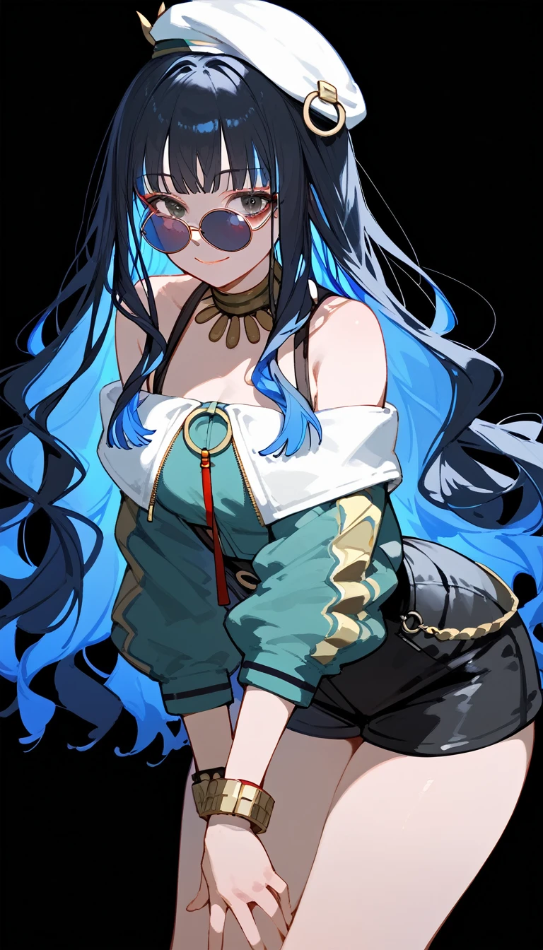 (score_9, score_8_up, score_7_up), 1girl, solo, long hair, black hair, colored inner hair, blue hair, wavy hair, eyeliner, makeup, jewelry, beret, o-ring, neck ring, black shorts, buttons, round sunglasses, bracelet, bare shoulders, green jacket, white jacket, off shoulder, zipper, from below, leaning forward, hand between thighs, thighs focus, thighs close-up, smile, closed mouth, cropped face, lower body, black background, simple background, masterpiece, 