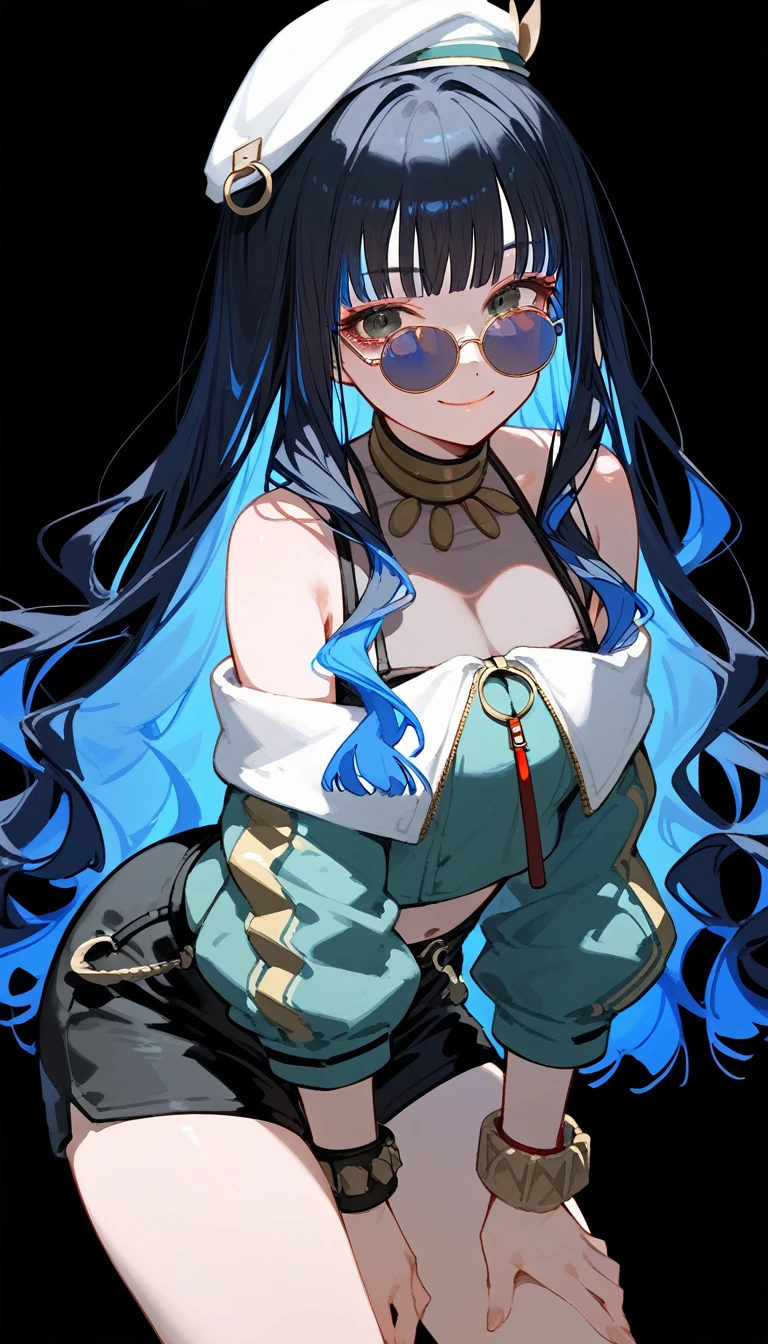 (score_9, score_8_up, score_7_up), 1girl, solo, long hair, black hair, colored inner hair, blue hair, wavy hair, eyeliner, makeup, jewelry, beret, o-ring, neck ring, black shorts, buttons, round sunglasses, bracelet, bare shoulders, green jacket, white jacket, off shoulder, zipper, from below, leaning forward, hand between thighs, thighs focus, thighs close-up, smile, closed mouth, cropped face, lower body, black background, simple background, masterpiece, 