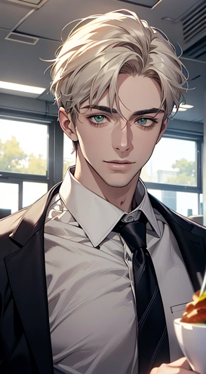 (Highest quality,4K,8K,High resolution,masterpiece:1.2),Super detailed,(Realistic,photoRealistic,photo-Realistic:1.37),1 person,34 years old, Men,Beautiful skin、very handsome,Expressionless smile in love,Short white hair,green eyes,Sharp Eyes,A perfect face without a doubt,Businessman, CEO, Office Background,Cinema Lighting,HDR image,tie、