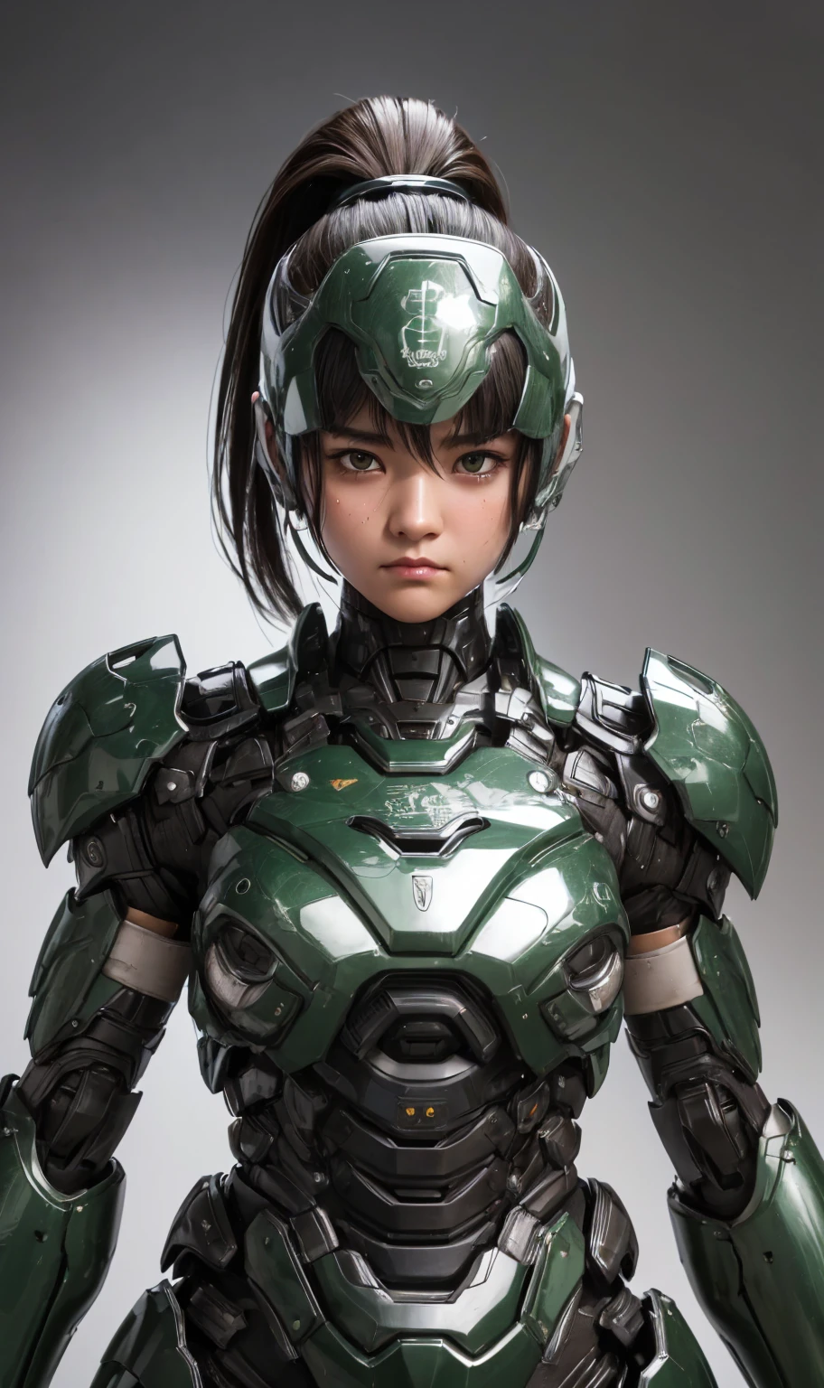 Textured skin, Super detailed, Attention to detail, high quality, 最high quality, High resolution, 1080P, hard disk, beautiful,(War Machine),beautifulサイボーグ女性,Dark Green Mecha Cyborg Girl,battle,Girl with a mechanical body,、Plain junior high school girl　ponytail、Sweaty brown eyes、Sweaty face、Expressions of distress　Blushing　cute　Black-haired　((Steam coming out of the head)) (Steam coming out of the whole body) Cool pose