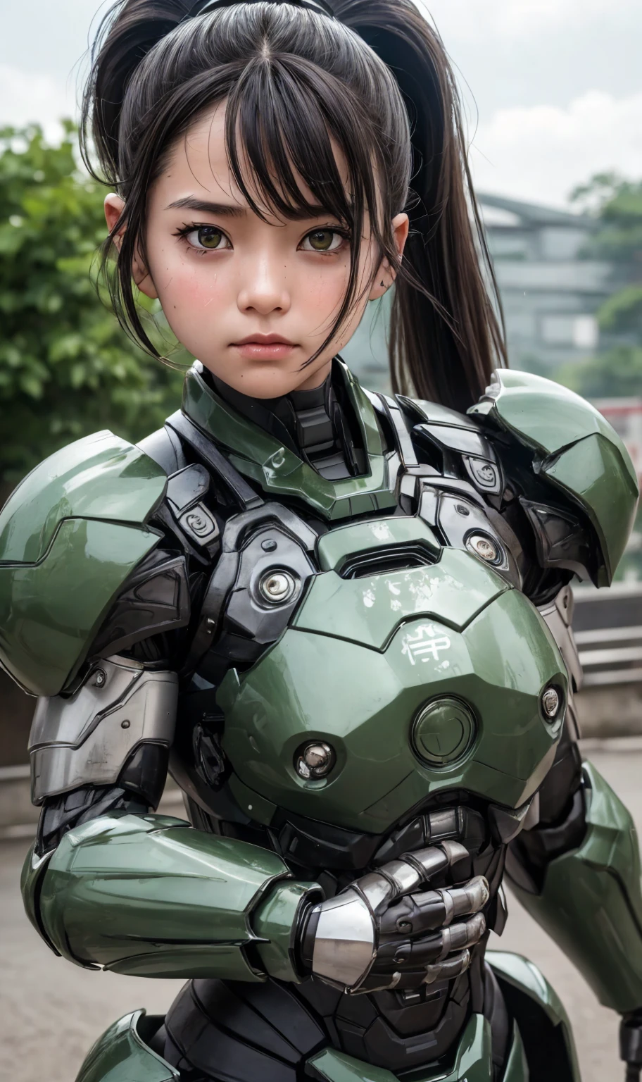 Textured skin, Super detailed, Attention to detail, high quality, 最high quality, High resolution, 1080P, hard disk, beautiful,(War Machine),beautifulサイボーグ女性,Dark Green Mecha Cyborg Girl,battle,Girl with a mechanical body,、Plain  high schoolponytail、Sweaty brown eyes、Sweaty face、Expressions of distress　Blushing　cute　Black-haired　((Steam coming out of the head)) (Steam coming out of the whole body) Cool pose
