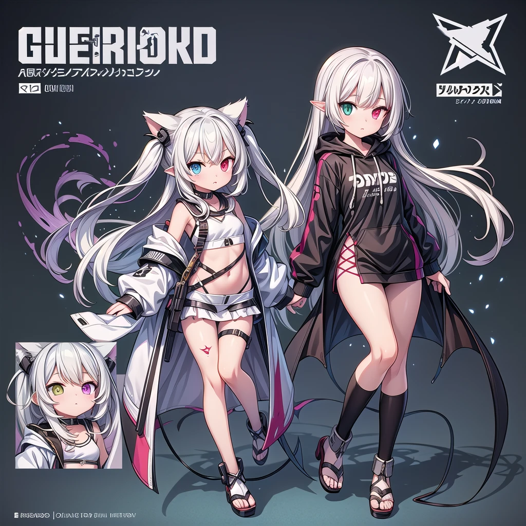 A white-haired cat-eared girl, one girl, heterochromia, scar on face, oversized hoodie, Girls' Frontline style, demonic anime girl, Kantai Collection style, anime style, anime character design, clothing design, full-body anime illustration, trending on ArtStation and Pixiv, interesting character design, pretty anime character design, character design illustration