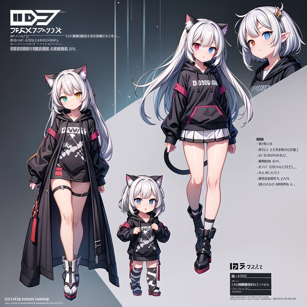 A white-haired cat-eared girl, one girl, heterochromia, scar on face, oversized hoodie, Girls' Frontline style, demonic anime girl, Kantai Collection style, anime style, anime character design, clothing design, full-body anime illustration, trending on ArtStation and Pixiv, interesting character design, pretty anime character design, character design illustration