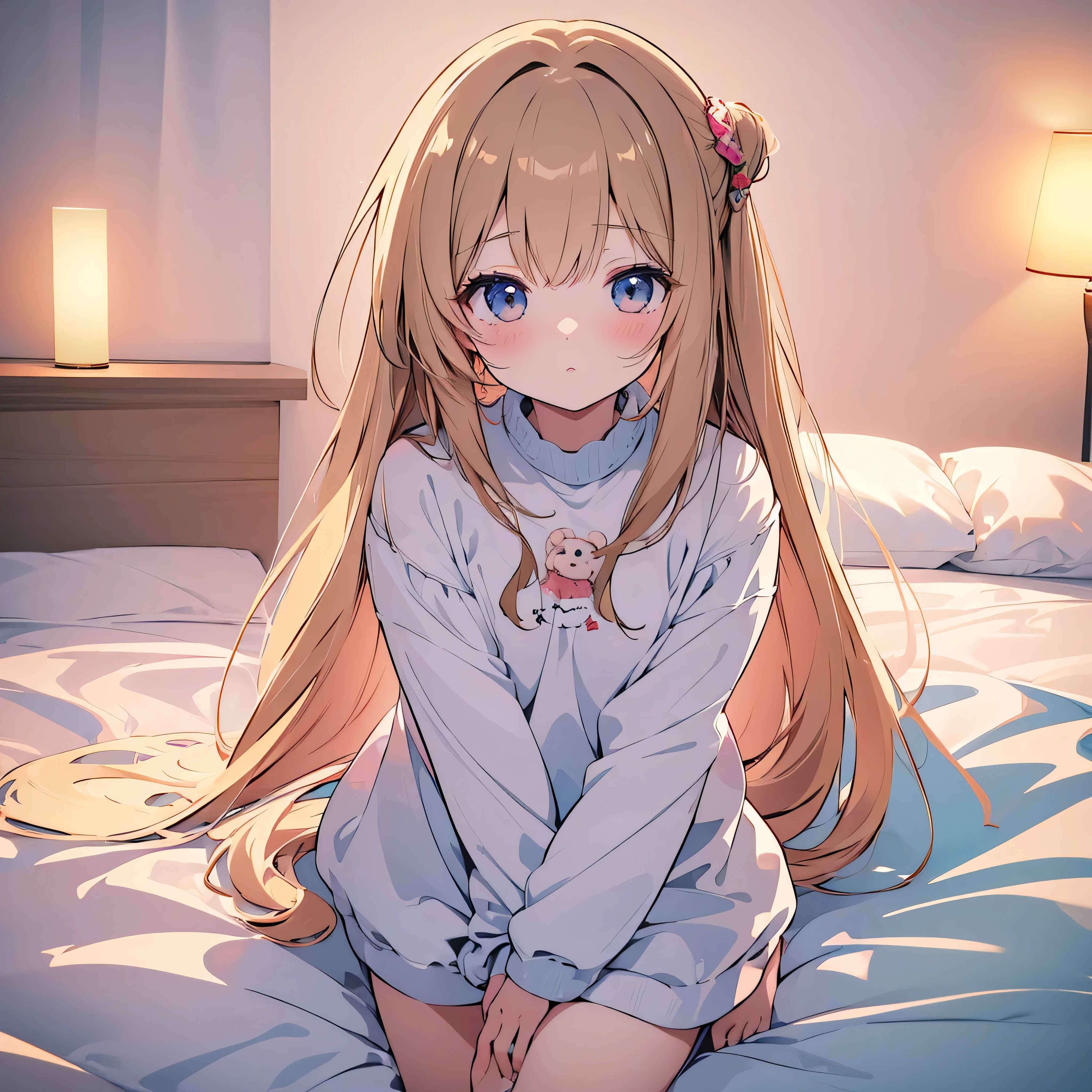 ((masterpiece)), ((Best Quality)), (Ultra-detailed), Anime style, 8k , Cute , 1girl in, Solo, light hair, sitting on the bed, bare shoulder, shy girl , hug a teddy bear