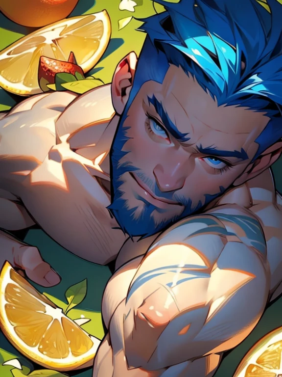 lying down, fruits background (Best Quality, 4k, 8k, high resolution, Masterpiece: 1.2), ultra detailed, Male portrait, medium closeup, very detailed face, detailed facial features, muscular build, spectacular lighting, close-up, from above, anatomically correct, super detail, full blue beard and short blue hair, smile, winking an eye, hairy chest.