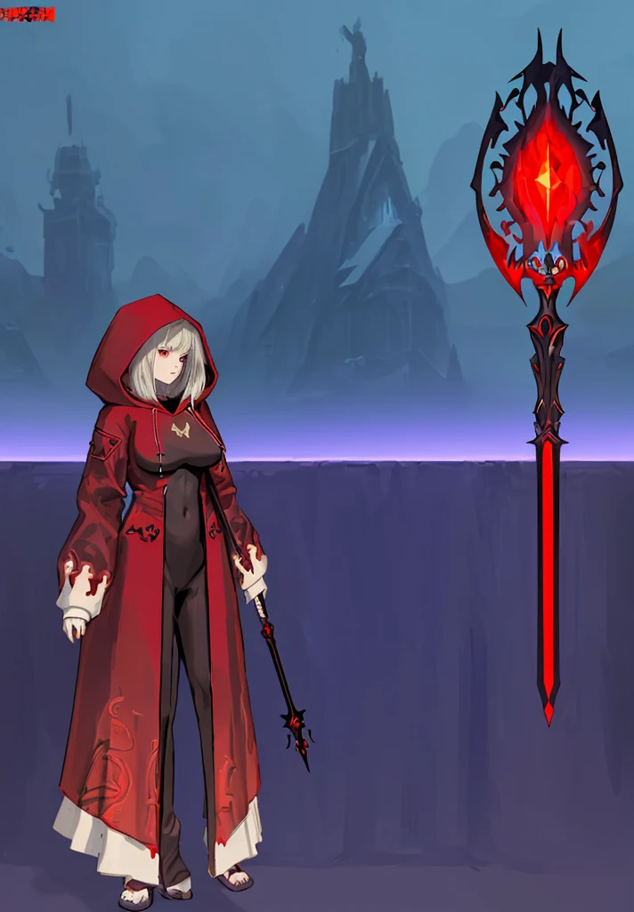 (masterpiece), best quality, 1Girl, standing, master piece, full body character concept, full body character design, full body concept art, Mage, face hidden by Hoodie shadow, Dark red Jacket, red pattern, a magic staff is on the side, detailed Mage suit, Big boob