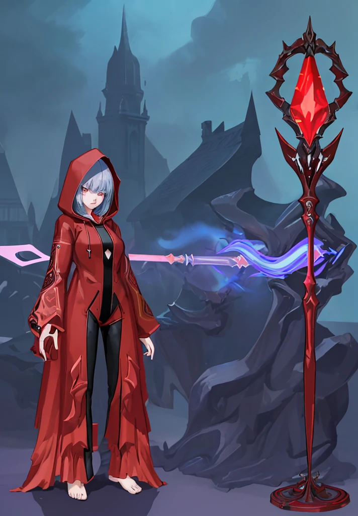 (masterpiece), best quality, 1Girl, standing, master piece, full body character concept, full body character design, full body concept art, Mage, face hidden by Hoodie shadow, Dark red Jacket, red pattern, a magic staff is on the side, detailed Mage suit, Big boob