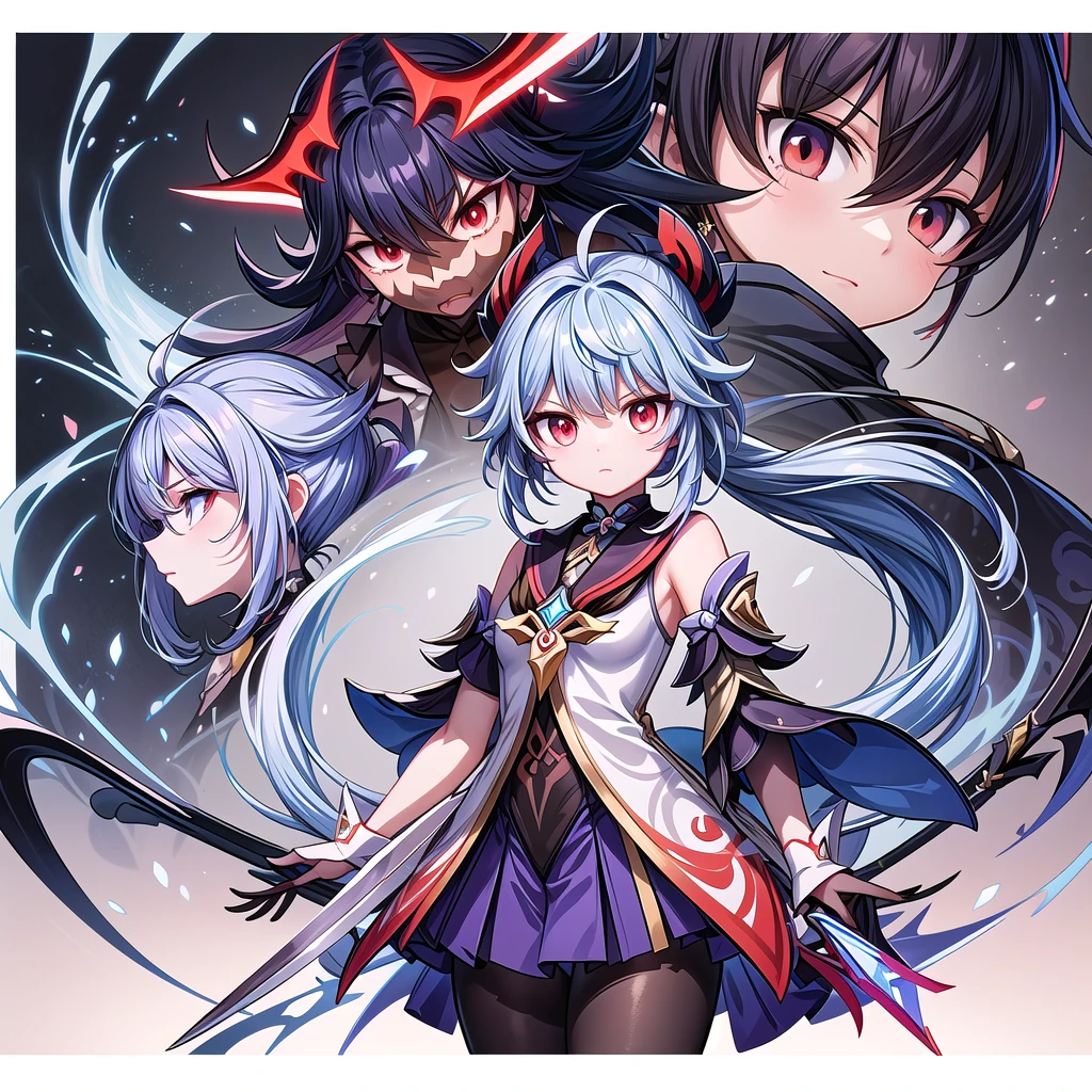 Anime character design of a woman holding a sword and a demon, Keqing from genshin impact, Makai Ryuko, Genshin Impact角色, To this + Concept Art, Genshin Impact风格, Attractive matoi ryuko, 绫香Genshin Impact冲击, gapmoe yandere grimdark, 《Genshin Impact》Zhongli, Adaptable personality, Official Character Art