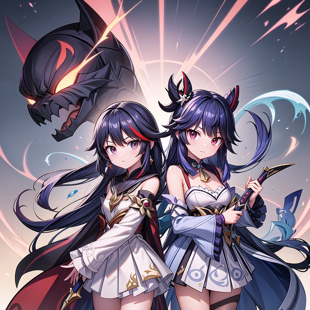 Anime character design of a woman holding a sword and a demon, Keqing from genshin impact, Makai Ryuko, Genshin Impact角色, To this + Concept Art, Genshin Impact风格, Attractive matoi ryuko, 绫香Genshin Impact冲击, gapmoe yandere grimdark, 《Genshin Impact》Zhongli, Adaptable personality, Official Character Art