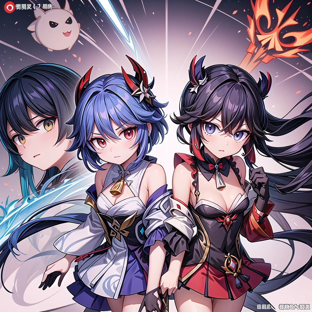 Anime character design of a woman holding a sword and a demon, Keqing from genshin impact, Makai Ryuko, Genshin Impact角色, To this + Concept Art, Genshin Impact风格, Attractive matoi ryuko, 绫香Genshin Impact冲击, gapmoe yandere grimdark, 《Genshin Impact》Zhongli, Adaptable personality, Official Character Art